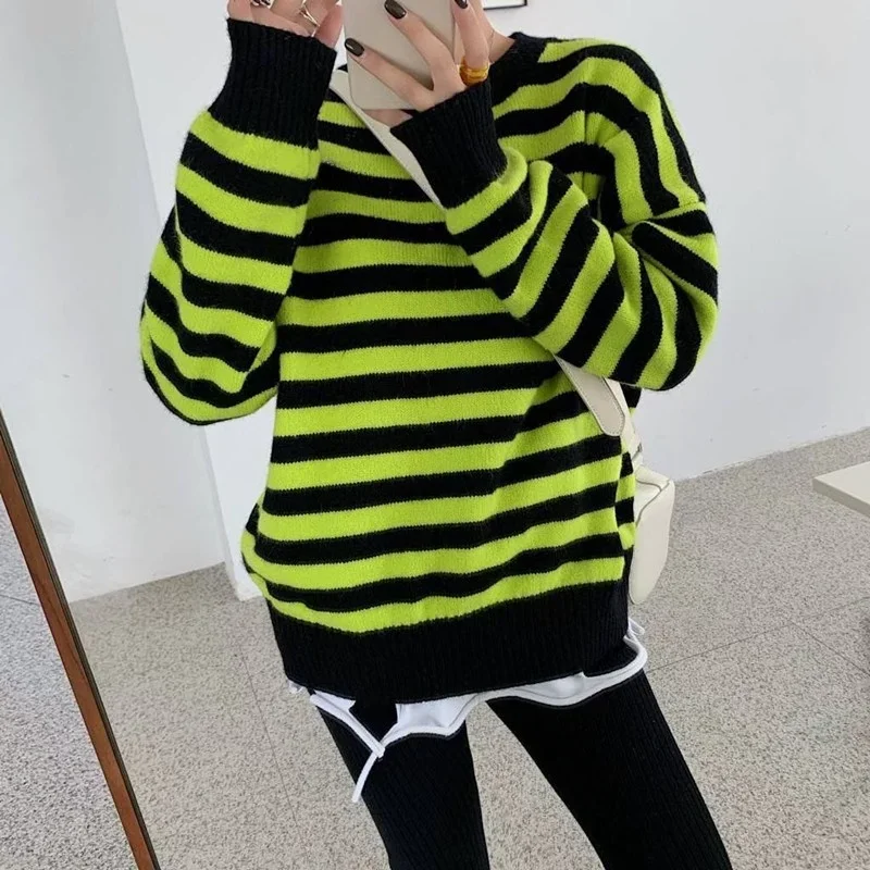 

Осень и зима, ленивый стиль, флуоресцентный зеленый цвет, полосатый свободный свитер с круглым вырезом, шерстяной вязаный топ с длинными рукавами