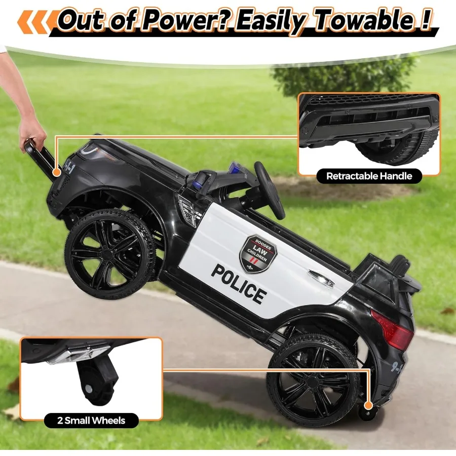 Giro in auto della polizia sull'auto elettrica per bambini per guidare i giocattoli da corsa alimentati a batteria con telecomando, sirena, illuminazione lampeggiante