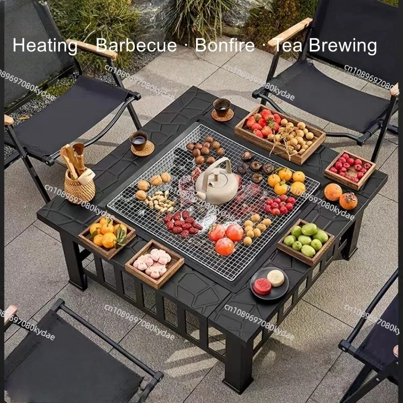 Outdoor Square Barbecue Grill Multi-Functional Barbecue Table Charcoal-Fired Tea-Brewing Table Wood-Burning Stove