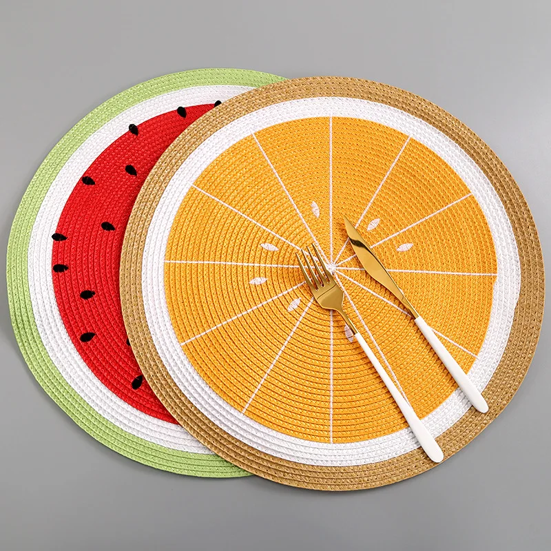 

Round Fruit Placemats PP Woven Heat Insulating Mats Table Creative Watermelon Lemon Placemat Anti-scald Durable Mat