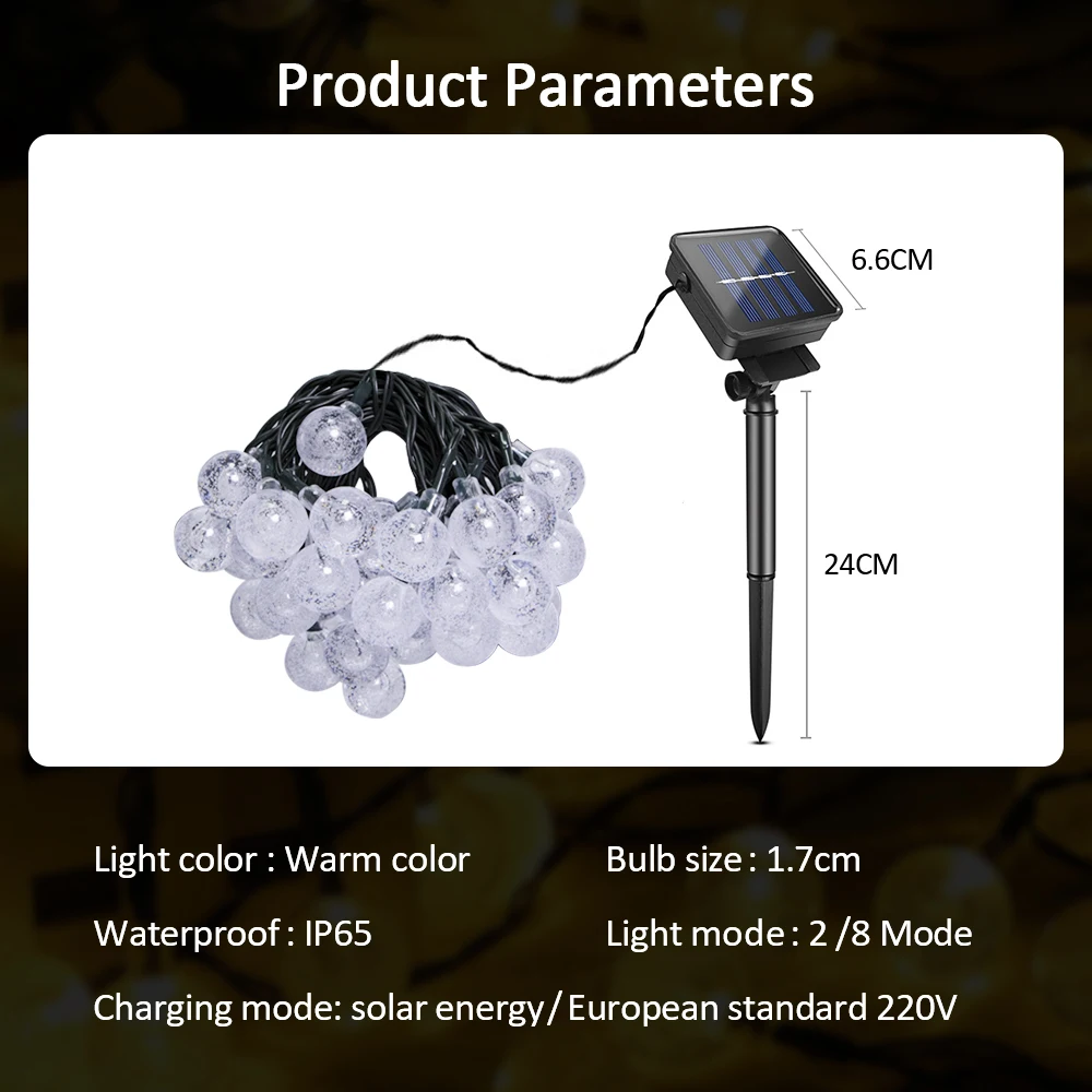 سلسلة مصابيح شمسية خارجية للحديقة ، مقاومة للماء ، أضواء كروية كريستالية ، 8 أوضاع ، سلسلة مصابيح تعمل بالطاقة ، IP65