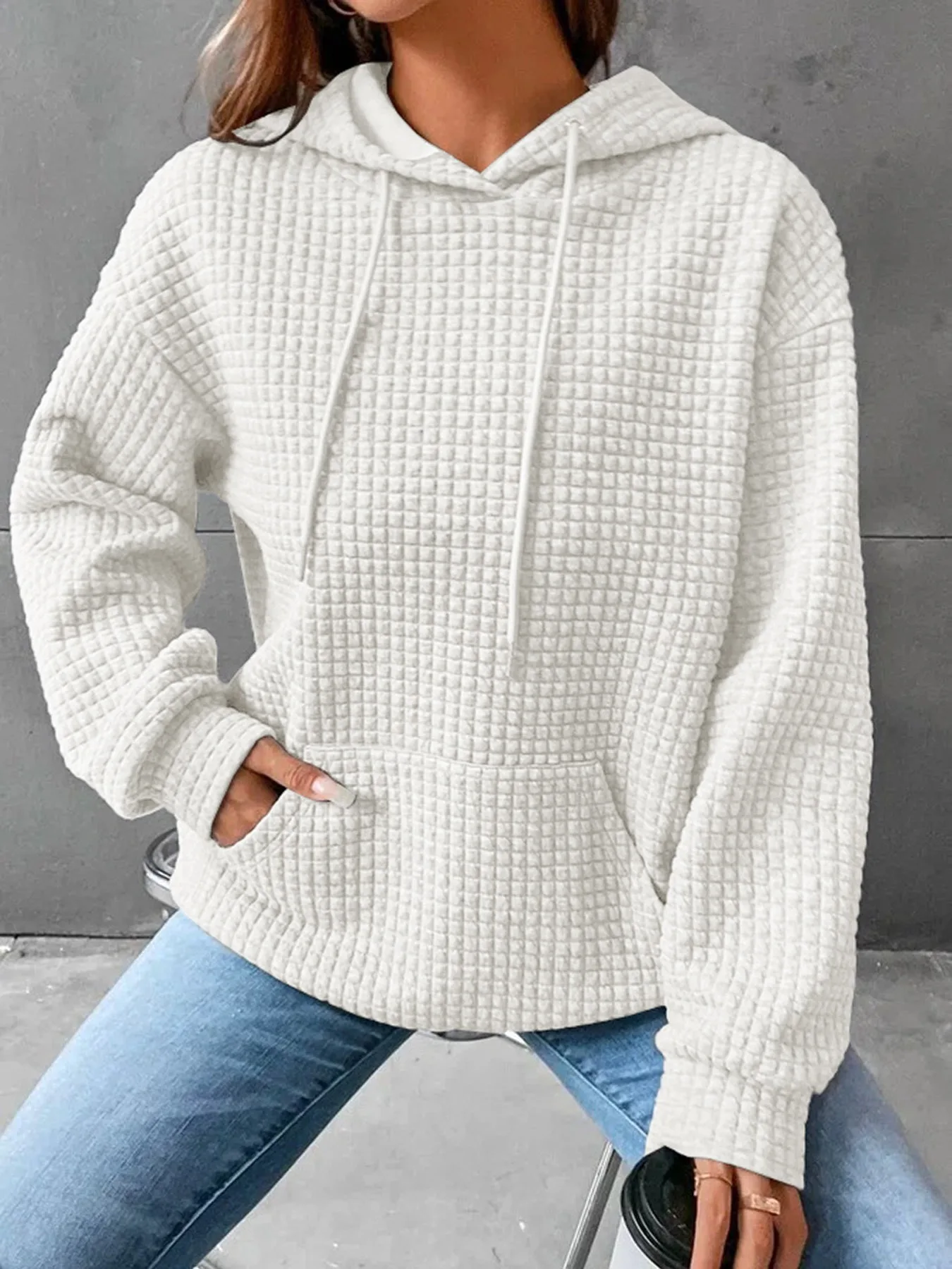 Women\'s hooded sweatshirt spring and autumn style waffle fashion beautiful solid color hooded drawstring loose sweatshirt