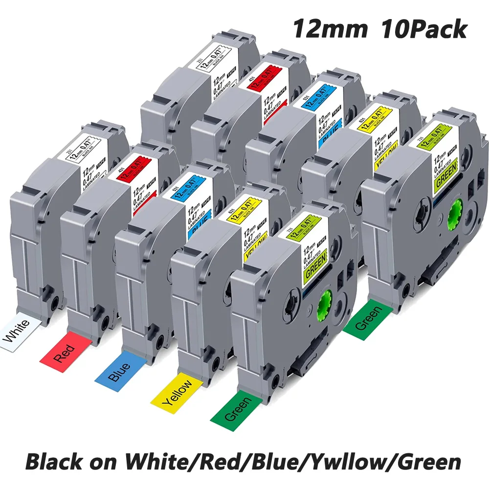 5PK Mix Color TZe Label Tape TZe231 TZe631 TZe431 Tze531 TZe731 Compatible Brother P-Touch Tape TZe 12mm 0.47inch Black on White
