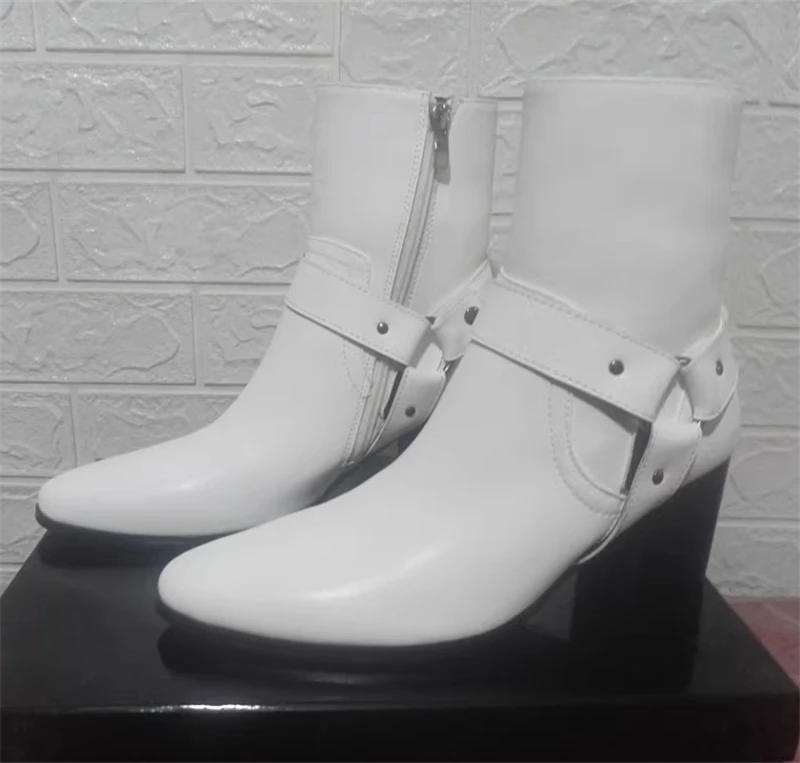 

Black White Genuine Leather Men Business Dress Shoes Handmade Pointed Toe Belt Buckle Middle Heel Chelsea Boots
