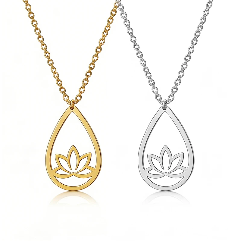 Dainty gota de água flor de lótus pingente colar aço inoxidável banhado a ouro meditação yoga jóias