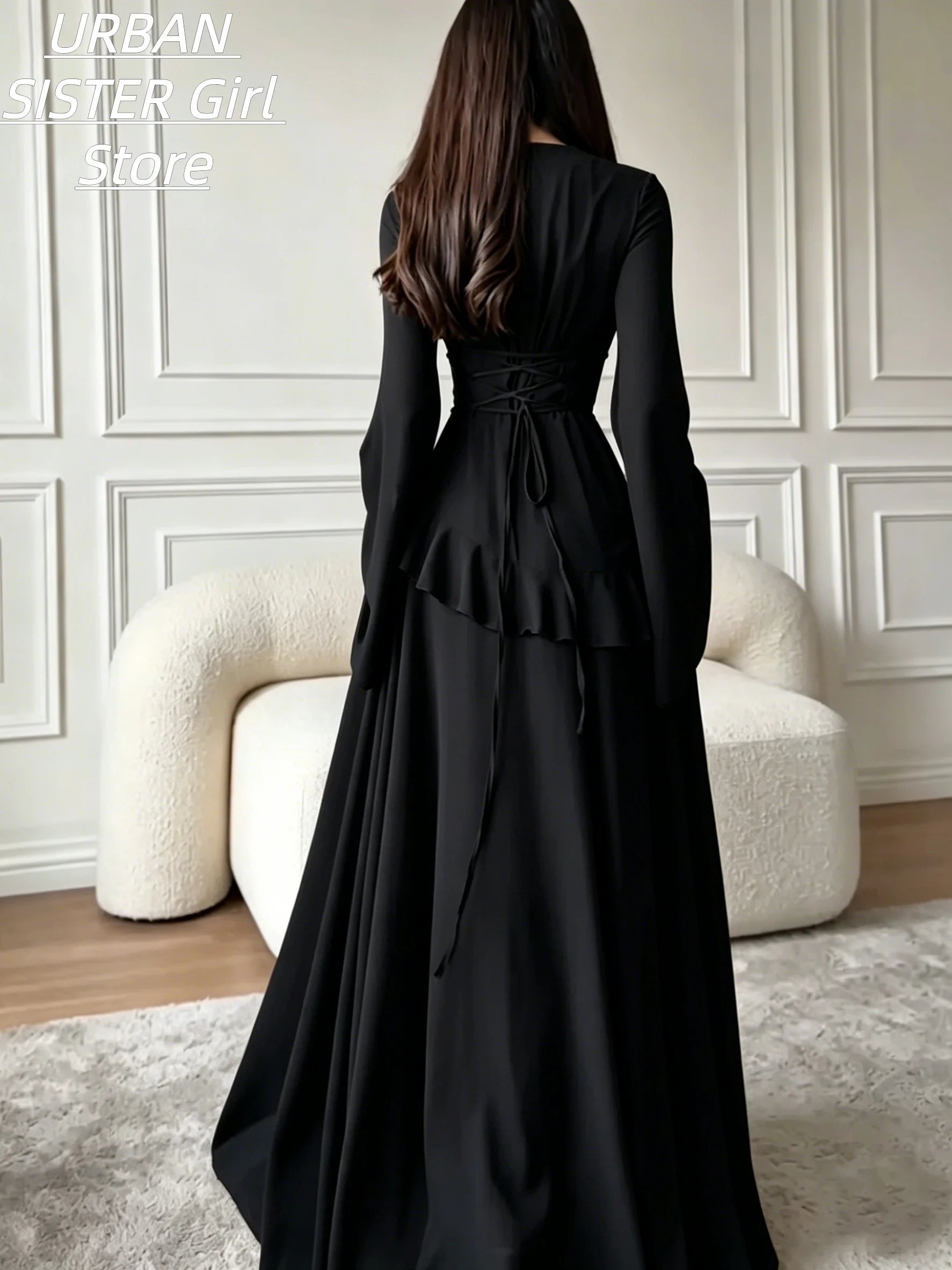 Pure Black Round-Neck Flared Long-Sleeve Chiffon Dress with Ruffled Waist, Slim Fit, Modest and Figure-Flattering, Suitable for Weddings, Muslim Banquets, and Evening Events