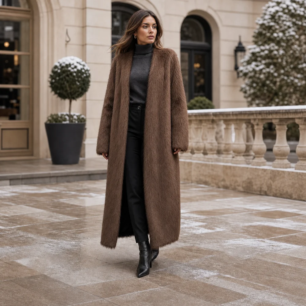 Women Winter 2026 Shaggy Long Faux Fur Coat Women Open Front Fluffy Jackets Luxury Thicken Warm Chunky Plush Overcoat Outerwear