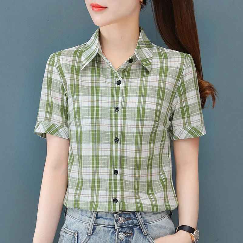 New Female Comfortable Cotton Checkered Short Sleeved Shirt For Women\'S Summer Thin Korean Fashion Casual Versatile Slim Fit Top