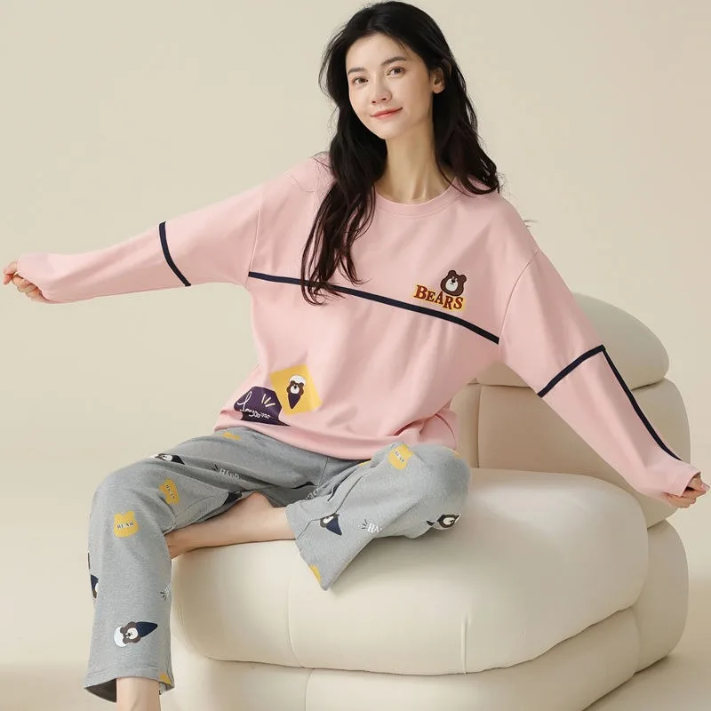 2024 New Lovely Cotton Pajamas Women Spring Autumn Long Sleeves Sleepwear Chest Pads Cotton Homewear Pullover Loose Loungewear