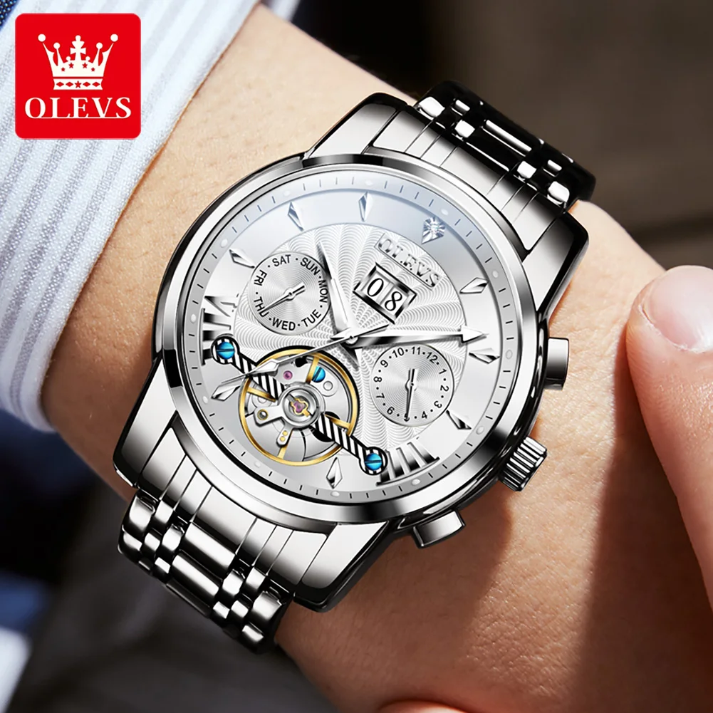 OLEVS Flywheel Automatic Watch for Men Calendar Display Waterproof Stainless steel High Quality Mechanical Men's Wristwatch