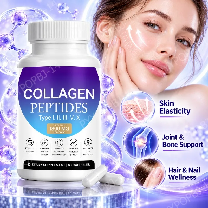 Multi Collagen Peptides Capsules Type I II III V X,1800mg Per Serving,Support Skin Elasticity Joint Bone Hair Nail Health,60Ct