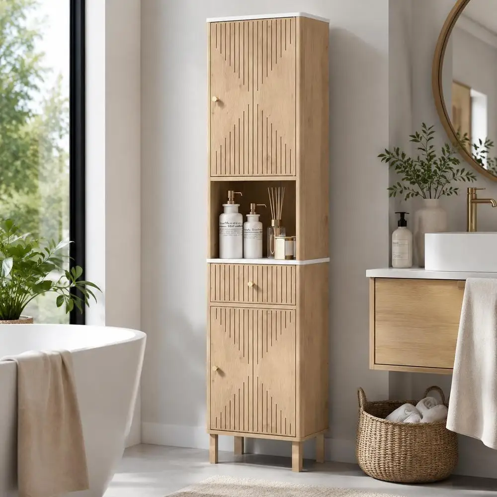 Armoire de salle de bain haute, meuble de rangement colonne avec tiroir coulissant silencieux, placards XXCM, chêne