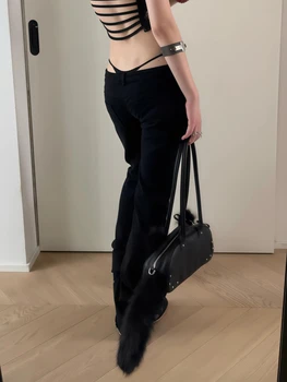 Women's Low Rise Jeans Black Flared Denim Pants Gyaru American Retro Korean Cyber Punk Trumpet Jeans Y2k Skinny Bell Bottom New 3