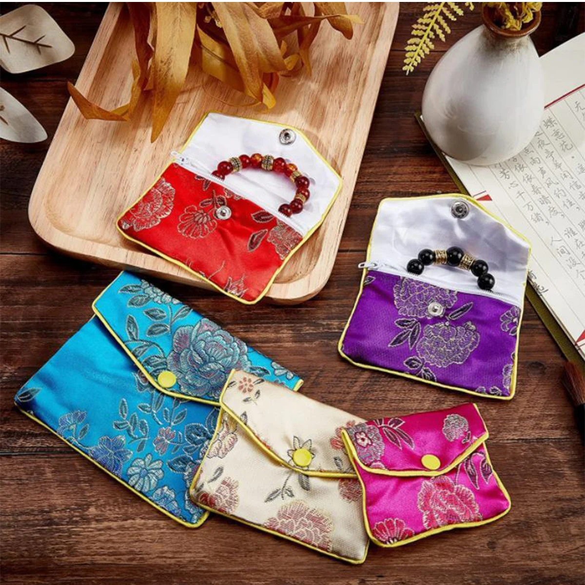 1-3 Pcs Rectangle Flower Pattern Brocade Zipper Jewelry Bag Gift Fine Packaging Bag Jewelry Bracelet Cloth Bag Packaging Display