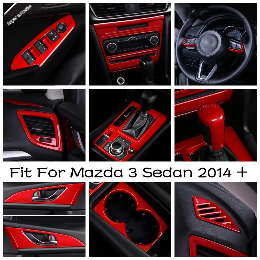 

Red Interior Parts For Mazda 3 Sedan 2014 - 2018 Steering Wheel / Water Cup Bottle Holder / Air AC Vent / Door Bowl Cover Trim