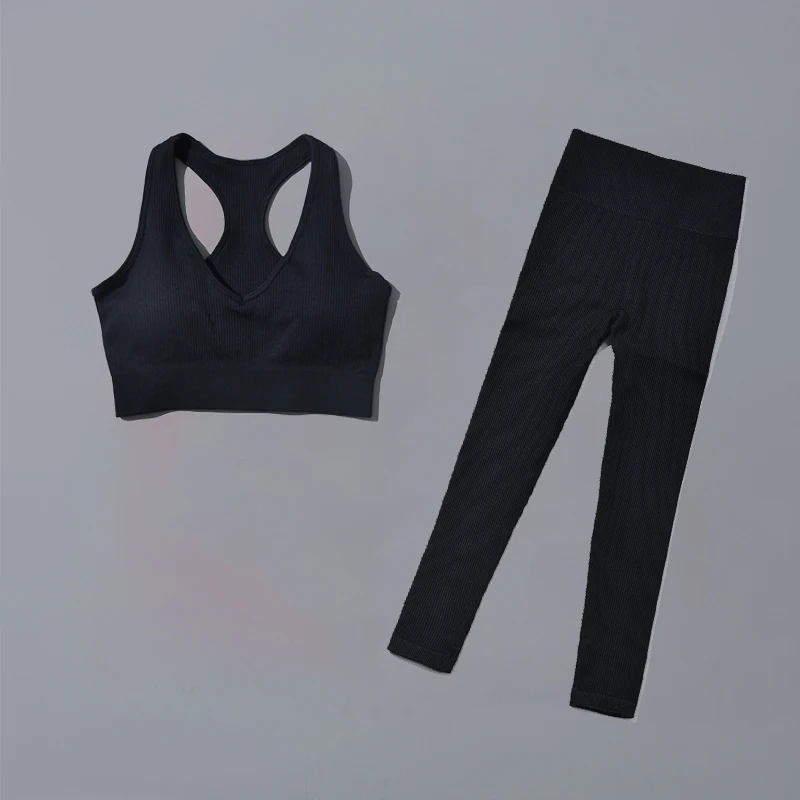 Ribbed Seamless Yoga Pants Set Women Sportswear High Waist Fitness Workout Leggings Push Up Two Pieces Gym Clothing Sports Suit