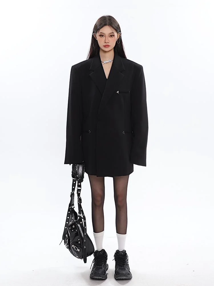 Black Oversize Metal Design Men's Women's Suit Jacket Loose Fit Early Autumn Trendy Straight Hemline Casual Long Sleeve Coat