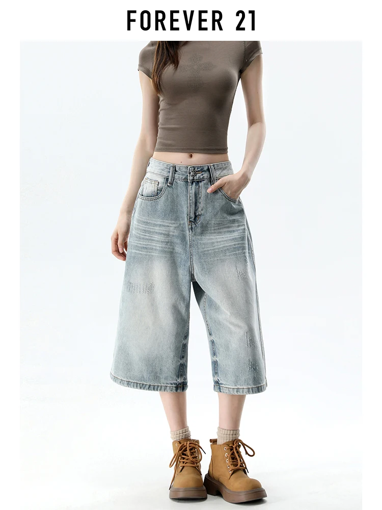Jeans Anchos de Estilo Americano Forever 21, Corte Holgado, Color Azul Claro, para Mujer, Verano, Pantalones Rectos, Cintura Alta, Denim Lavado