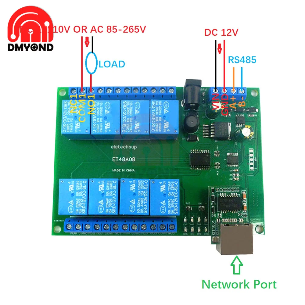 Relay Network Switch Modbus MQTT TCP UDP Web HTTP RS485 Timer Module ET48A08 12V 8 Channel RS485/TCP Modbus Relay Module