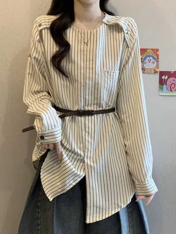 

plus Size Women's Loose Fit Striped Long Sve irt Korean Sle Slimming Waist Cinched mid Length Top for Early Spring