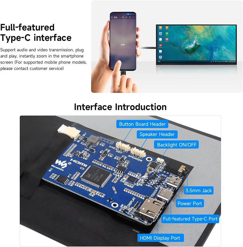 Waveshare 11.6 นิ้วแบบพกพา IPS Monitor 1768x828 In-Cell HDMI แล็ปท็อปยาวจอแสดงผล DDC/DI สําหรับ Raspberry Pi5