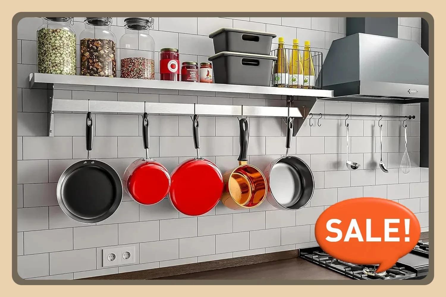 

Commercial Wall Mounted, Utensils, Kitchen Cooking Pot Rack Organizer Shelf for Pots and Pans with 5 Removable Storage Hooks