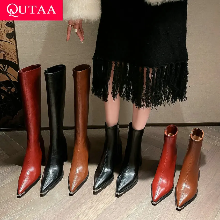 

QUTAA 2024 Western Women Knee High Boots Motorcycle Pointed Toe High Heels Office Lady Shoes Woman Genuine Leather Size 34-39