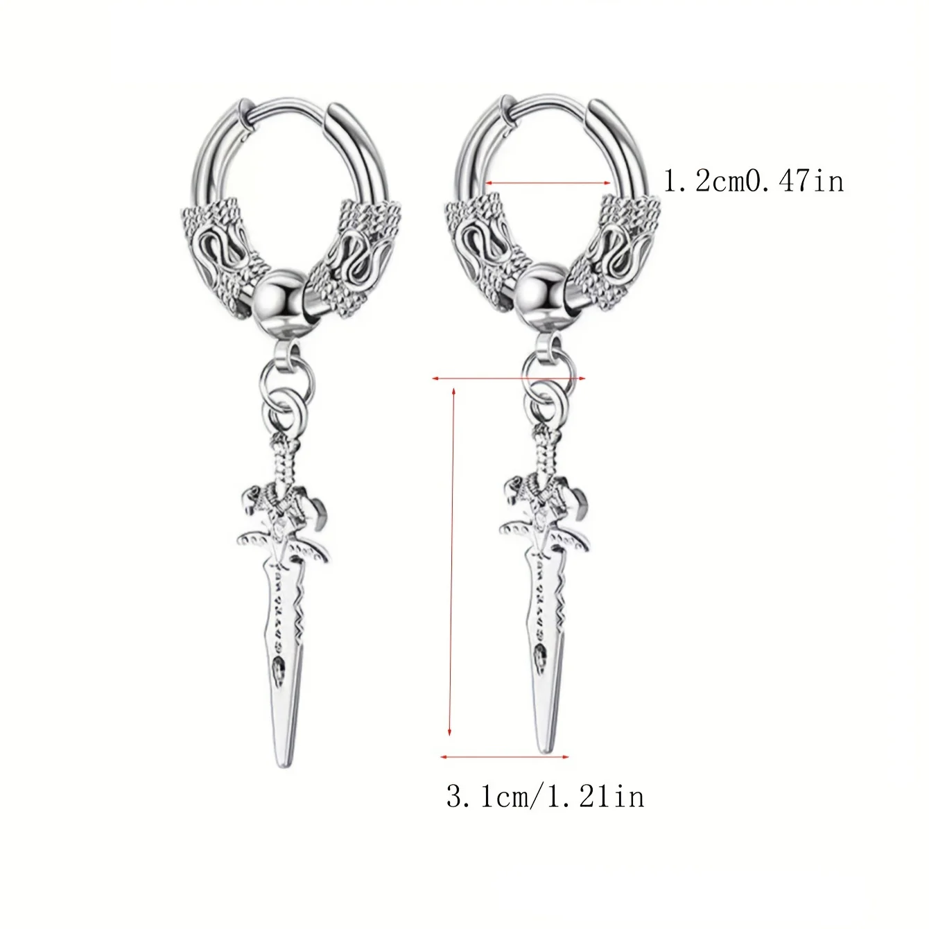 2pcs Stainless Steel Dragon Coil Sword Pendant Drop Hoop Earrings Unique Punk Hip Hop Style for Men Women Daily Wear Jewelry