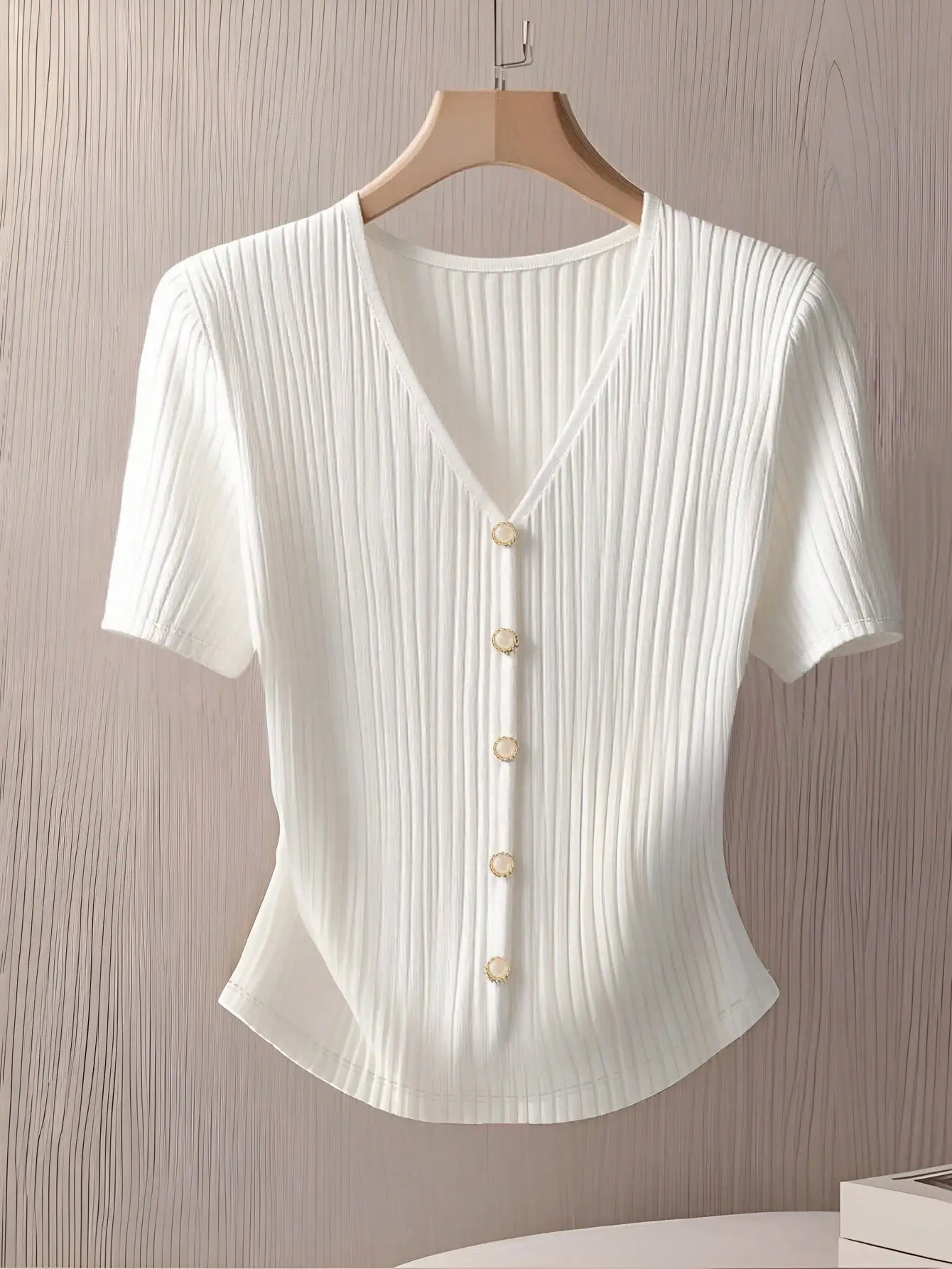 

Women's V-Neck Pleated Short Sleeve Button-Up Top, Elegant Summer Blouse