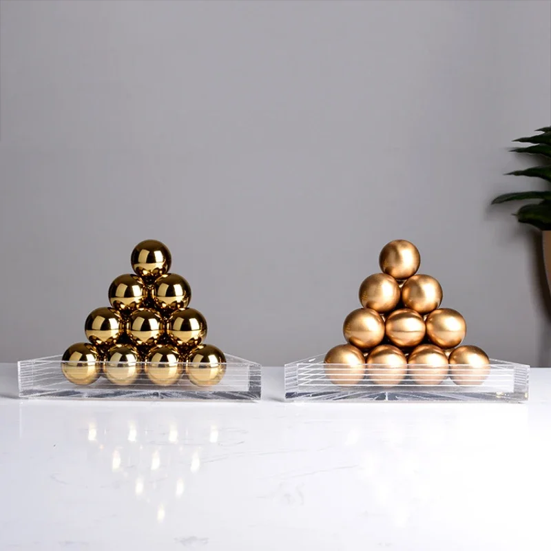 Metal Handicraft Gold Ball Triangle Geometric Triangular Tower Statue Spherical Pyramid Decorative Figurines Home Decoration