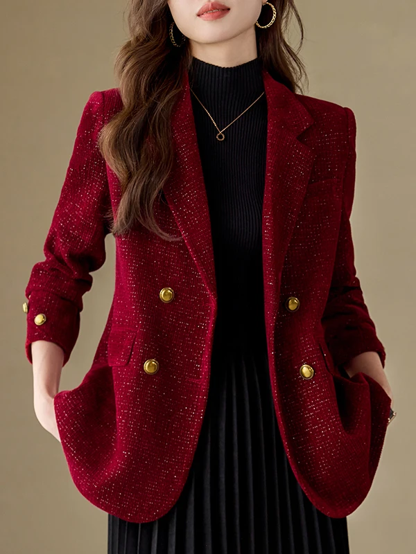

Red Woolen Suit Jacket Women's Casual Thickened Autumn Winter Fashion Small Size High-End Feel Commute Style Single Button Mu...