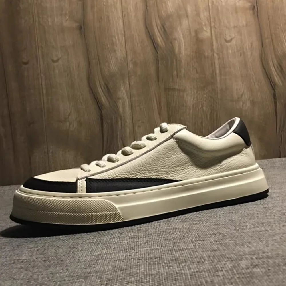 

QHCCID Men's Cowhide Retro White Sneakers Spring Style Casual Versatile Occasions Trendy Men's Shoes