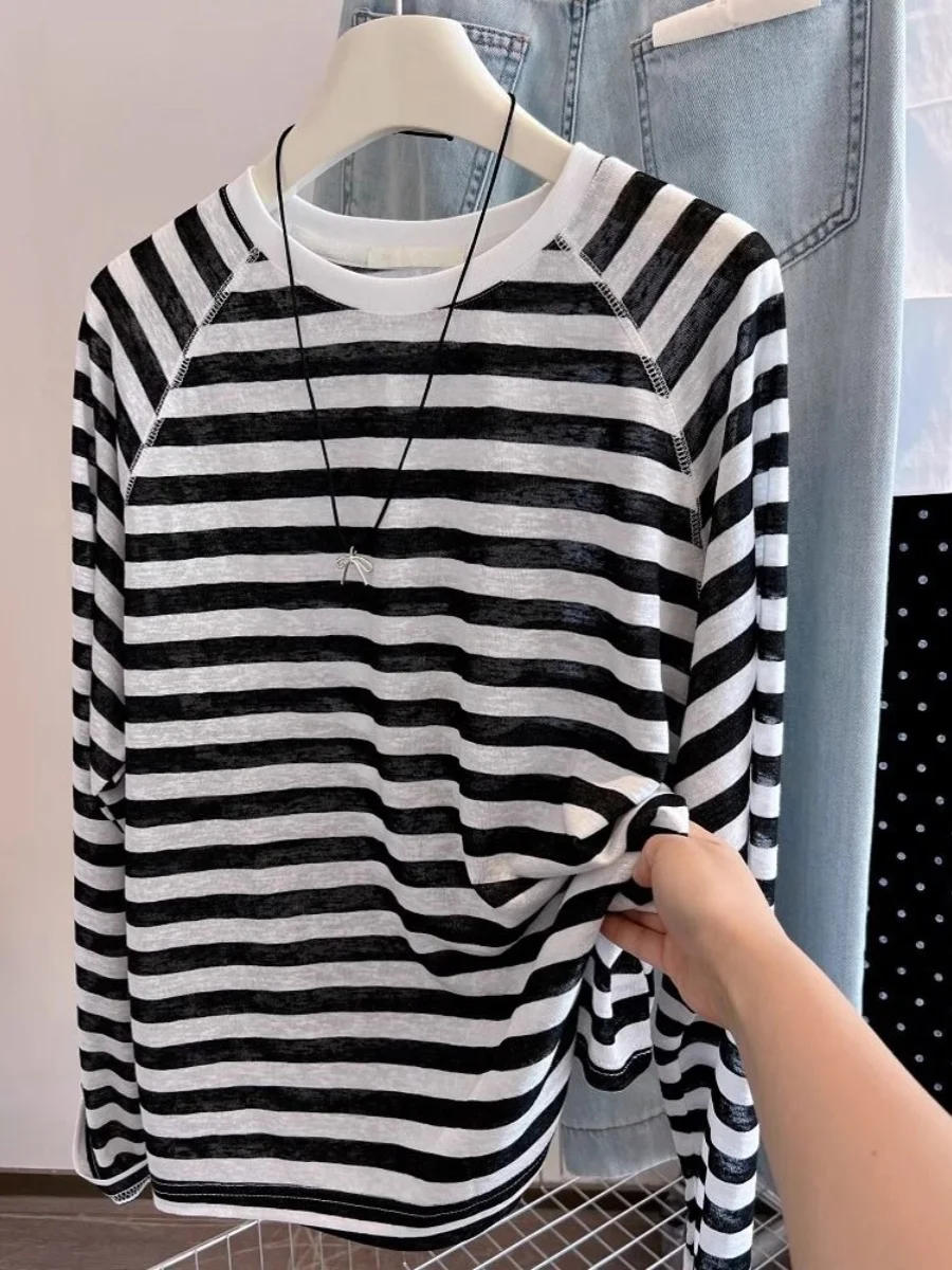 Extra Large 300 Pounds Color Block Striped Long Sleeve T-Shirt Men's Lightweight Loose Casual Style Spring Autumn Wear
