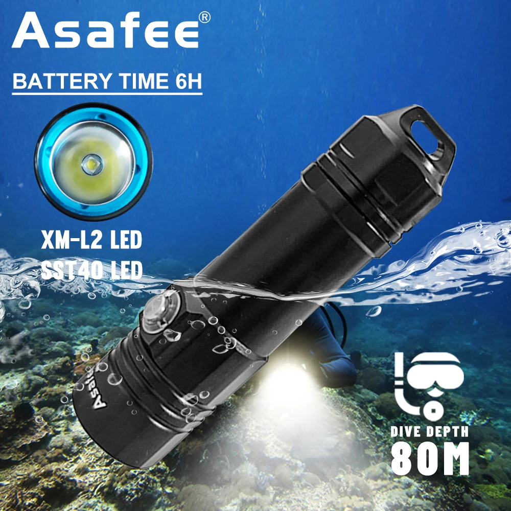 

Asafee AF12D 80M Underwater XM-L2/SST40 LED Diving Flashlight 800LM IPX8 Waterproof Torch 332M Range Press Switch Scuba Lantern