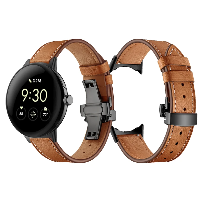 Butterfly buckle Leather Strap For Google Pixel Watch Band Pixel Watch Watchbands Bracelet With adapter (Silver/Black/Rose gold)