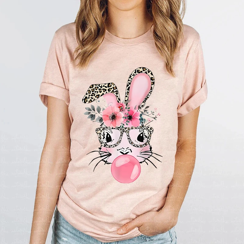 Bad Bunny Women's T-Shirt Cartoon Bubble Sugar Rabbit Fashion Graphic Tee Shirts Harajuku Leopard Print Bunny Female Top Tshirt