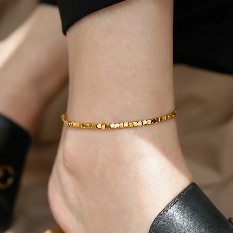 24K Gold Crushed Silver Bead Anklet For Women, Niche High-End Minimalist Cold Style Light Luxury New Design
