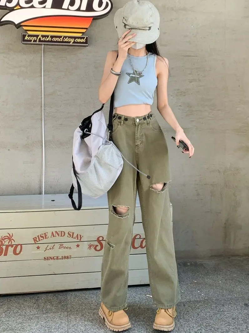 Broke Jeans High Quality Army Green High Waist Loose Wide Legs Elastic Waist Daddy Pants Slim Straight Harlan Pants Woman