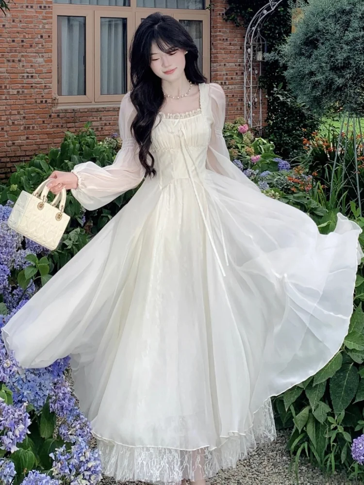 

Women Vintage Lace Patchwork Party Dress Autumn Long Sleeve Casual Birthday Slim A-line Evening Prom Mujer Wedding Guest Dresses
