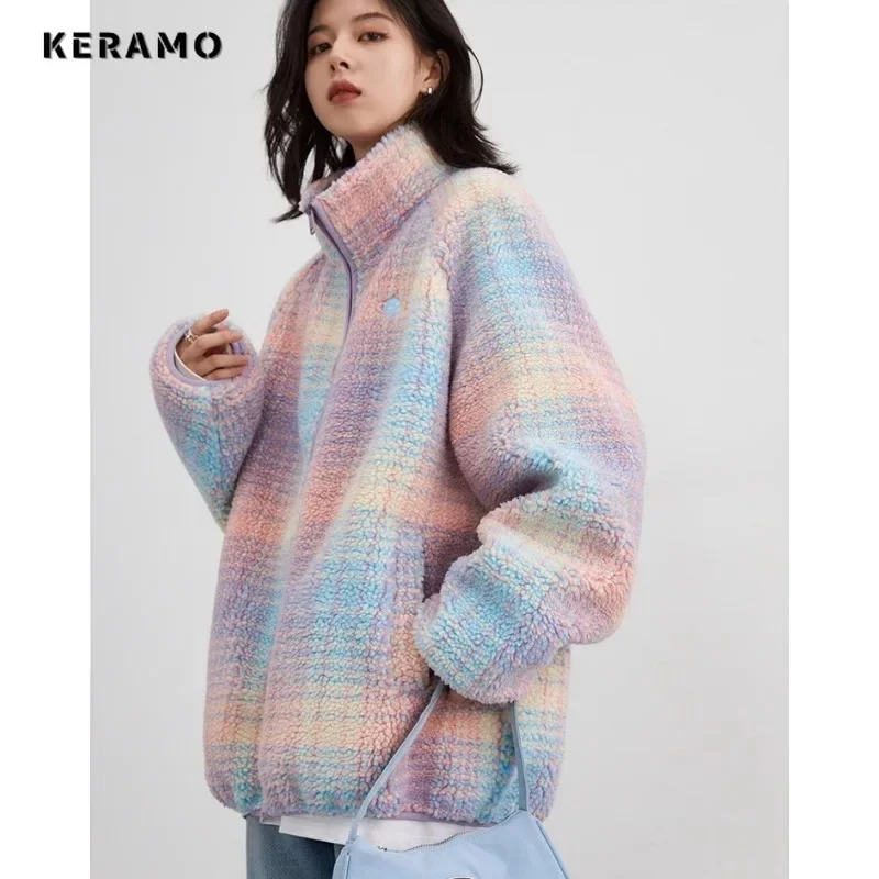 2023 Winter Casual Y2K Round Neck Knitting Female Long Sleeve Cardigans Women Sweet Rainbow Printting Zipper Loose Sweater