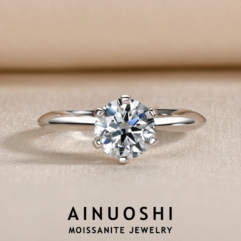 

AINUOSHI 925 Sterling Silver 6 Prong Setting Solitaire Ring Round Cut Sparkling Moissanite Ring for Women Classic Jewelry Gifts