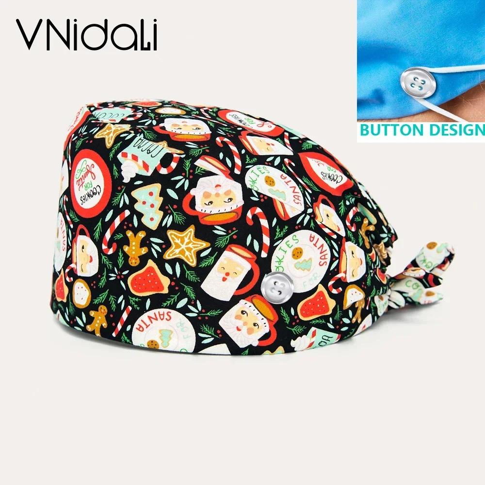 100% Cotton Christmas Printing Medical Hat Scrubs Surgical Cap Dentistry Pets Operating Room Doctors and Nurse Work Caps