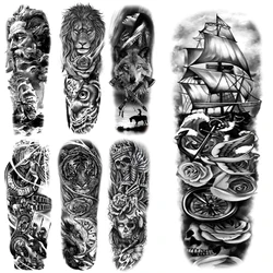 Full Sleeve Temporary Tattoos For Men Women Realistic Pirate Ship Wolf Tiger Skull Rose Flower Fake Tattoo Sticker Arm Tatoos