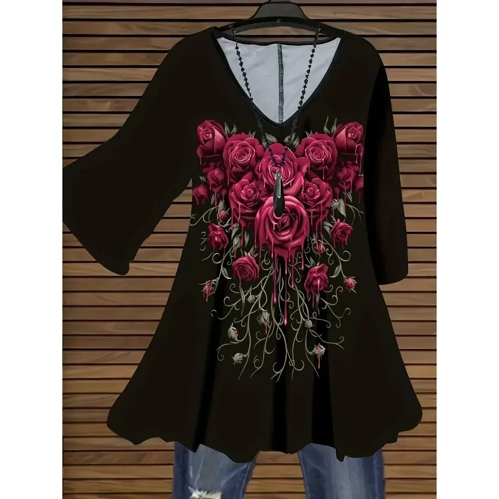 

New Fashion Women's 1XL-5XL Plus Size T-shirt Pullover Spring and Autumn V-neck Long Sleeve Shirt Casual Printed Top