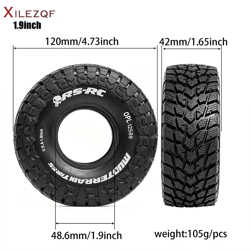 4pcs 1.9 inch Tire Rubber Tires Outer Diameter 4.73inch for 1/10 RC Car Axial SCX10 II Traxxas TRX4 4WD Redcat Gen8