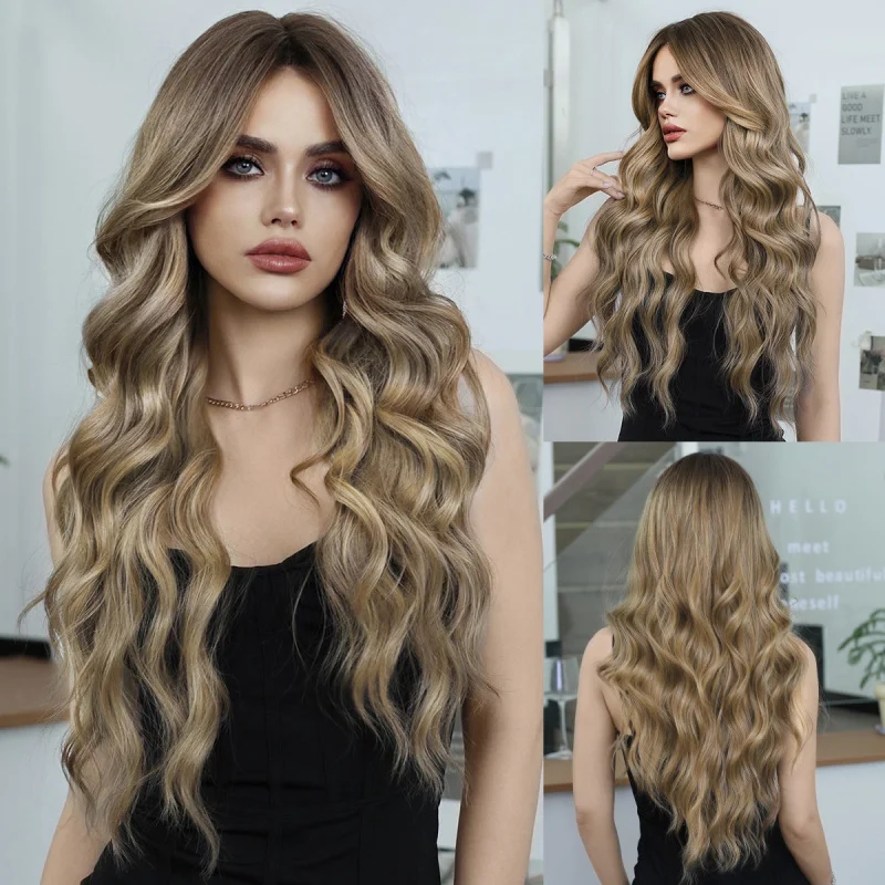 

Bronze-colored European American style women's fashion long curly hair wig with bangs and large waves, synthetic fiber full
