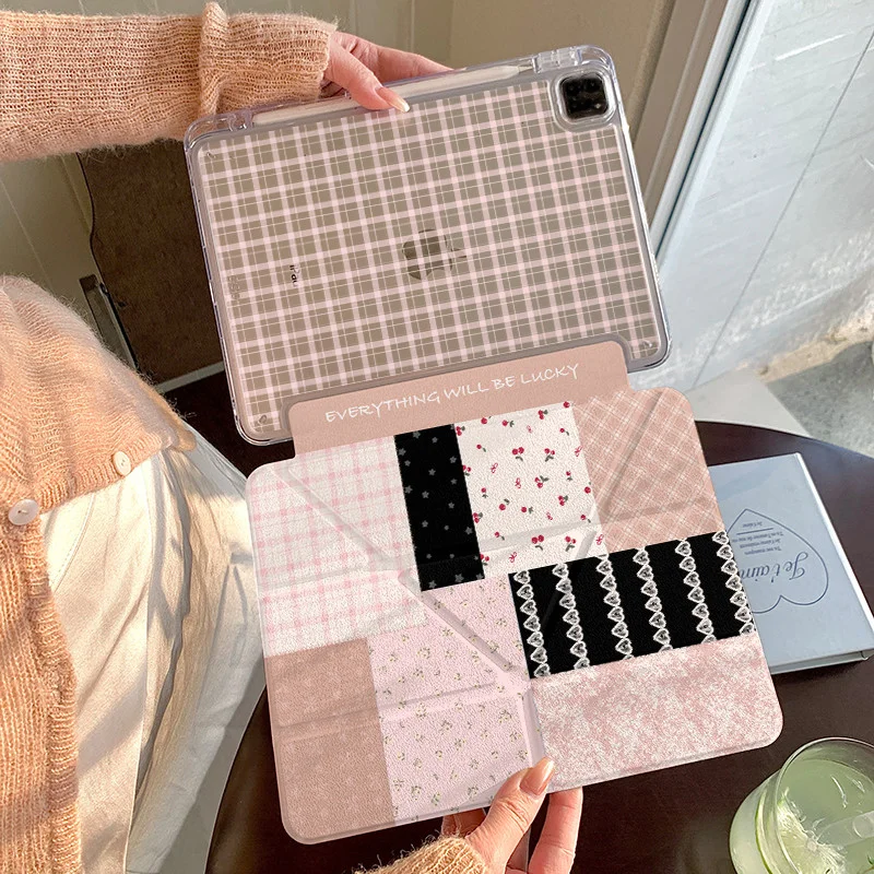 Pink Flower Grid Pattern Splicing Piano Keys For iPad Pro Air M5 M4 M3 M2 2 1 11th A16 12.9