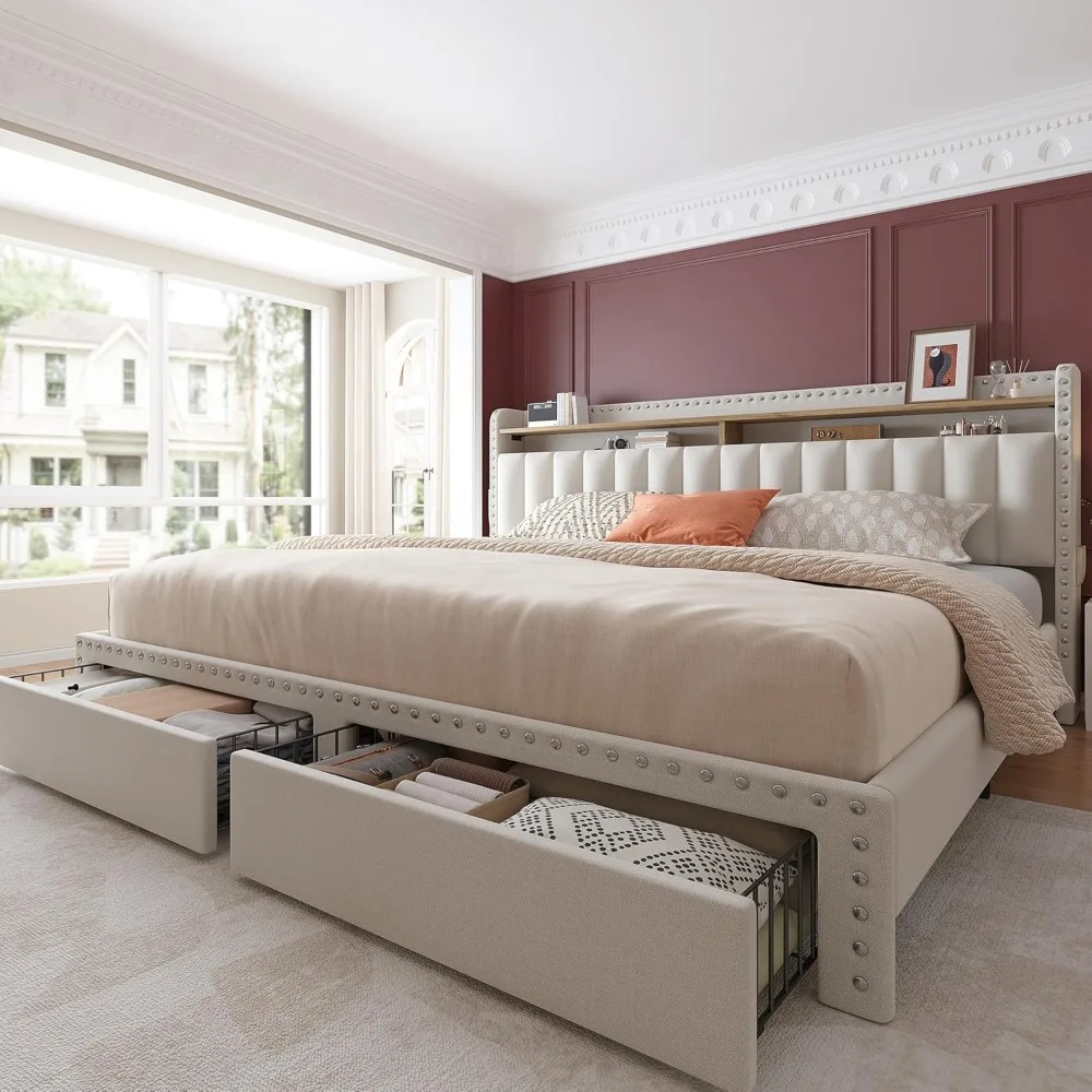 

King Size Bed Frame with 2-Tier Storage Headboard, Upholstered Platform Bed Frame with 2 Storage Drawers