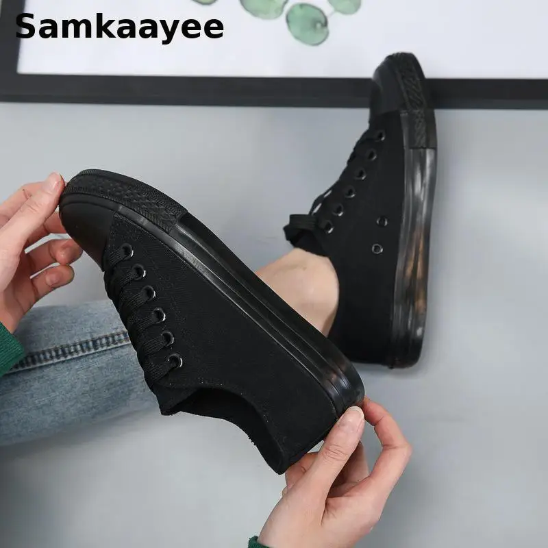 35-39 Women Canvas Shoes Spring Autumn Female Sneakers Vulcanized Casual Shoe Ladies Zapatos Lace-Up Solid Color Black Footwear