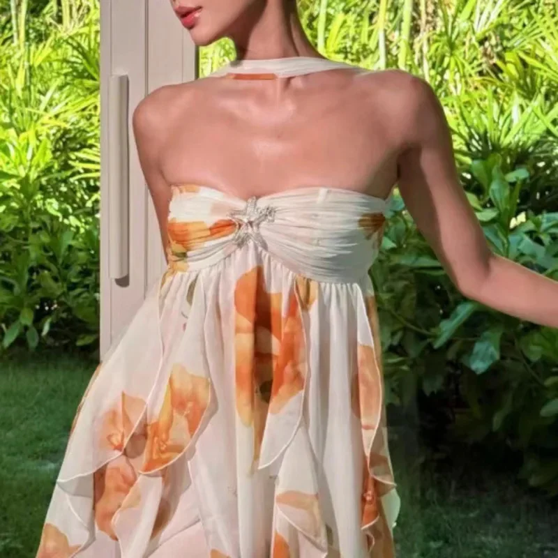 

Sexy Irregular Floral Star Dresses Women Summer European American Plant Hanging Neck Bareback Backless Loose Skirt Short Dresses